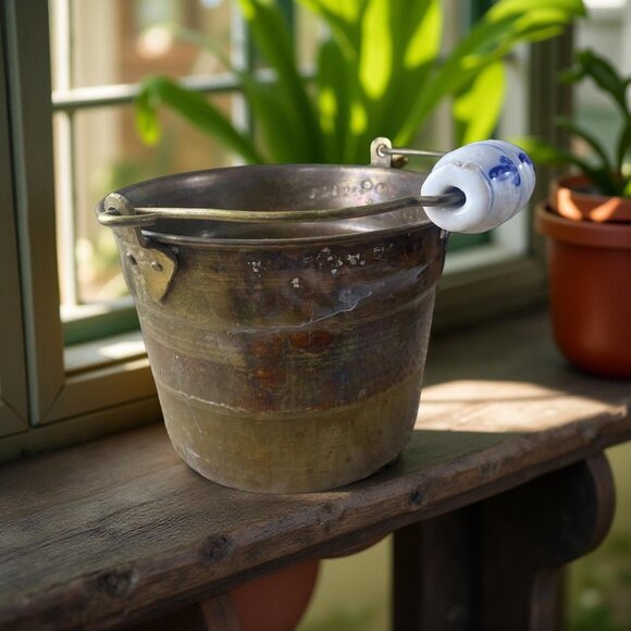 Brass Bucket with Delft-Style Handle – French Country Farmhouse Decor - Picture 1 of 7